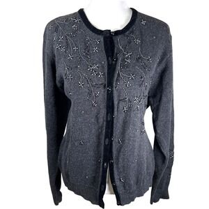 Yarnworks Embellished Beaded Velvet‎ Trim Cardigan Sweater Women's XLarge Gray